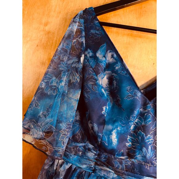 Women's Navy V-Neck Bell Sleeve Floral Print High-Low Hemline Maxi Dress Size L - Picture 5 of 10